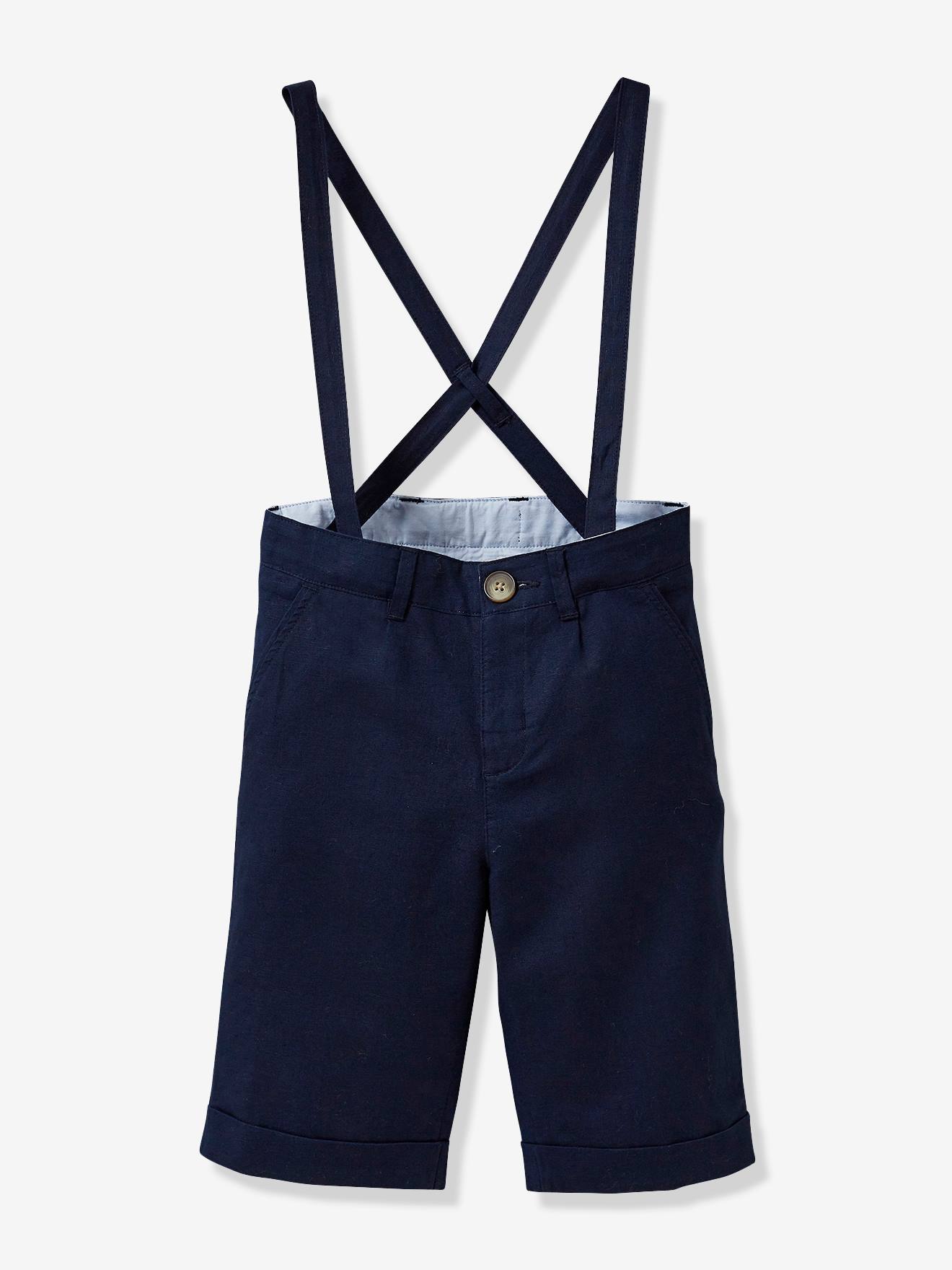 Bermuda formal infantil masculina CYRILLUS em linho/algodão, cor azul-marinho lisa.