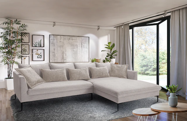 exxpo - sofa fashion Ecksofa »Piazza, elegant und edel, Designsofa mit tollem Sitzkomfort,« Longchair Ecke in hochwertiger Verarbeitung, Stellmasse 321x187 cm