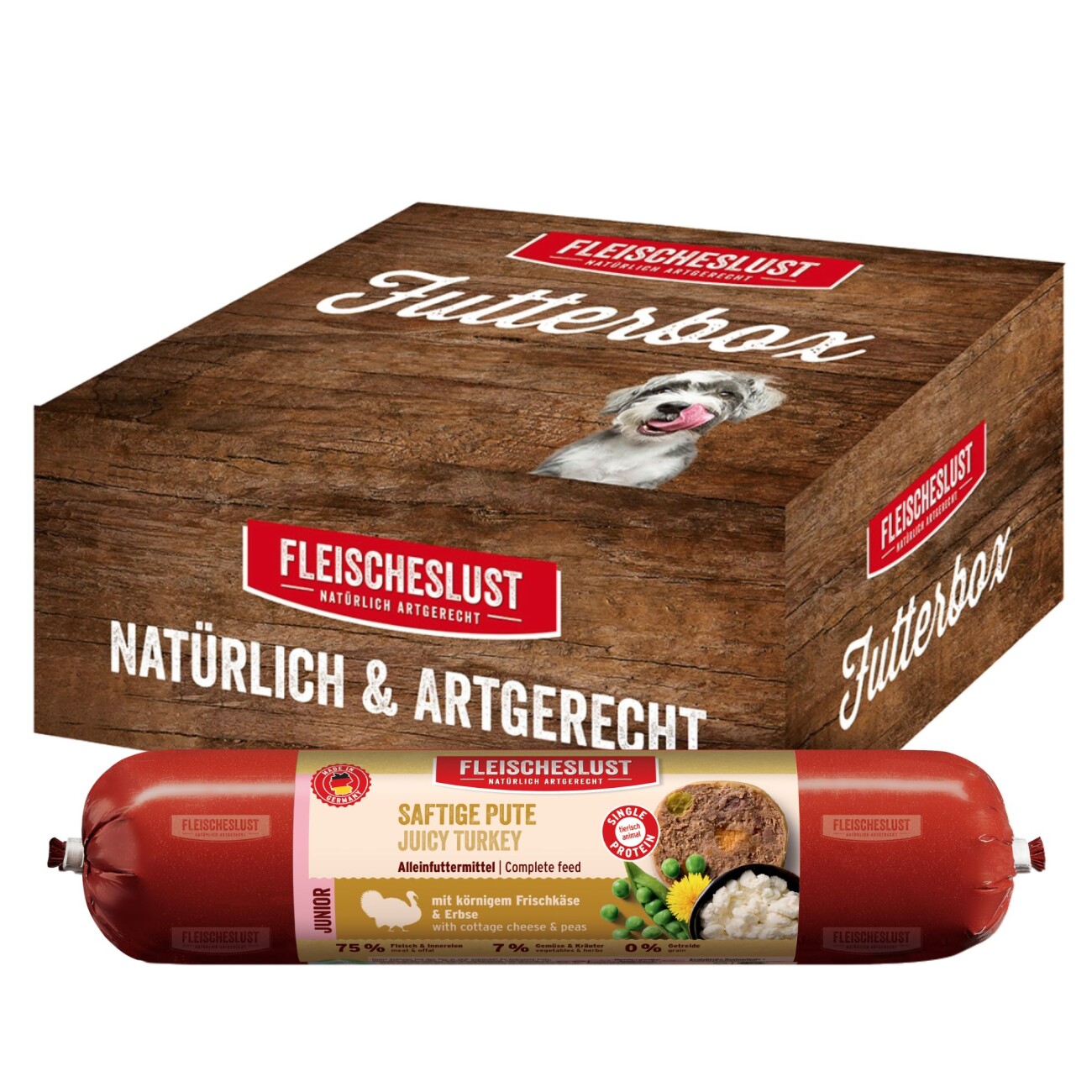 Fleischeslust Nassfutter Hund Junior Futterbox Saftige Pute 8x400g