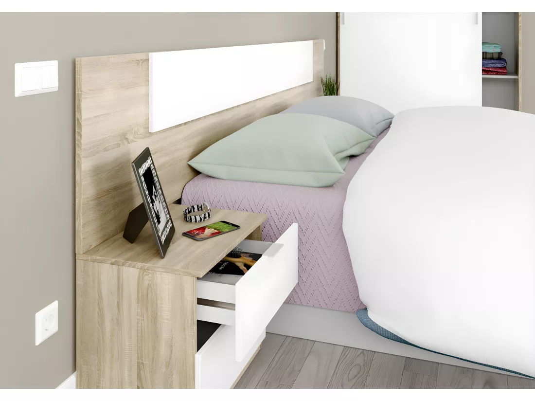 Tête de lit en mélamine avec 2 chevets coloris chêne canadian blanc artik - Hauteur 95 x Longueur 247 cm x Profondeur 38 cm