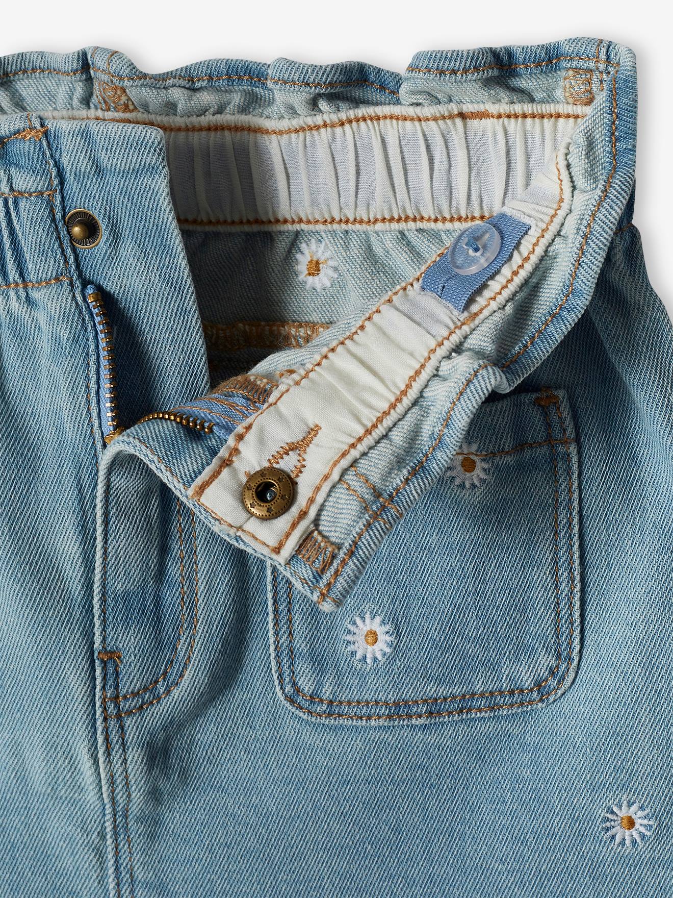Saia jeans com bordado floral para meninas, pedraria dupla