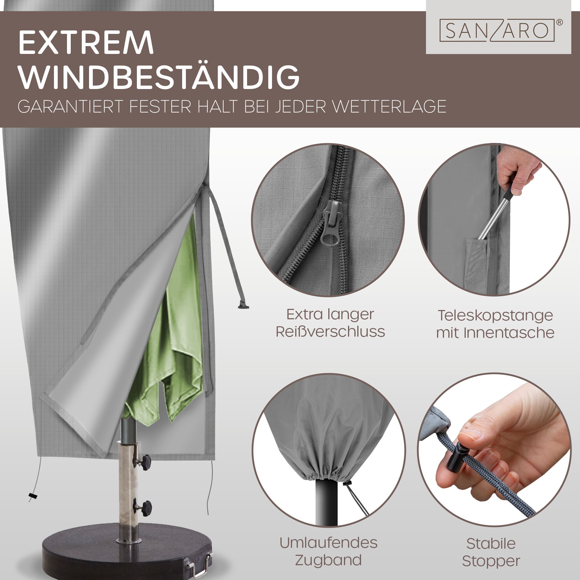 SANZARO Schutzhülle Gartenschirm Abdeckung Ampelschirm Sonnenschirm |280 x 40/81/50 cm (HxB)