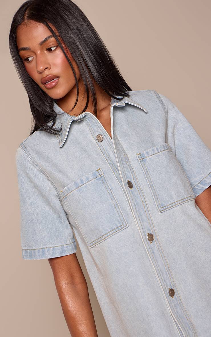 Bleu Clair Robe Chemise En Denim À Surpiqûres Contrastantes Tall