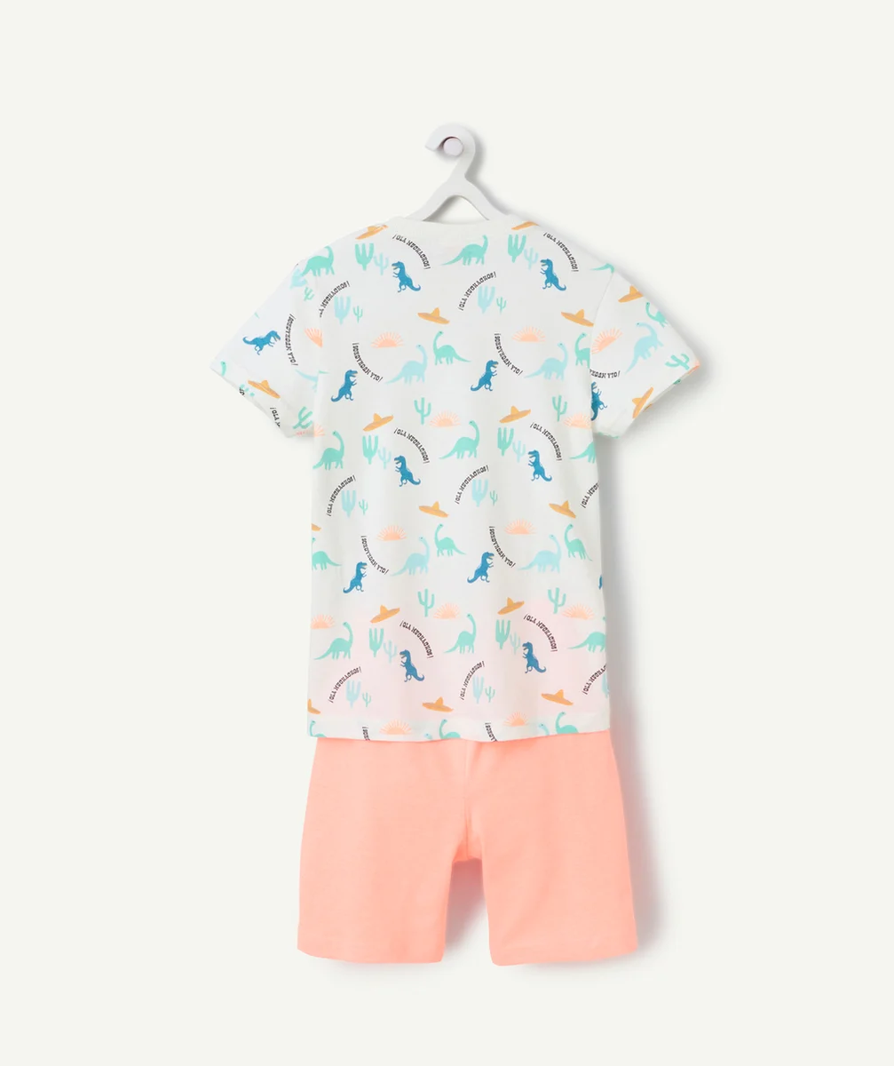 pyjama garçon en fibre recyclées orange fluo et blanc imprimé dinosaures