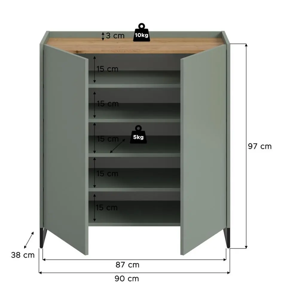 Hioshop Drive schoenenkast 2 deuren salvie decor