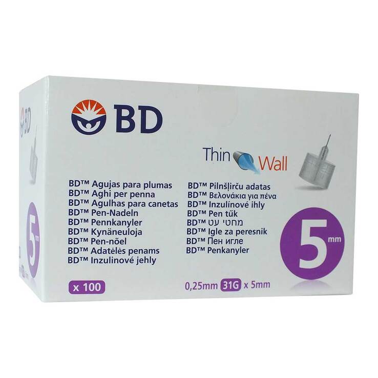 BD Thin Wall Pen-Nadeln 0,25 31 Gx5 mm, 100 St