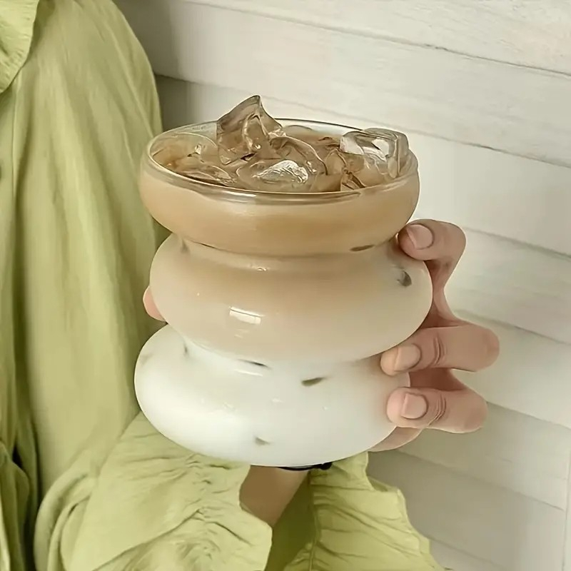 (430ml) Bubble Glas Geripptes Trinkglas Getränke Cup Wellen Becher für Iced Coffee / Cocktails / Softgetränke - Transparent