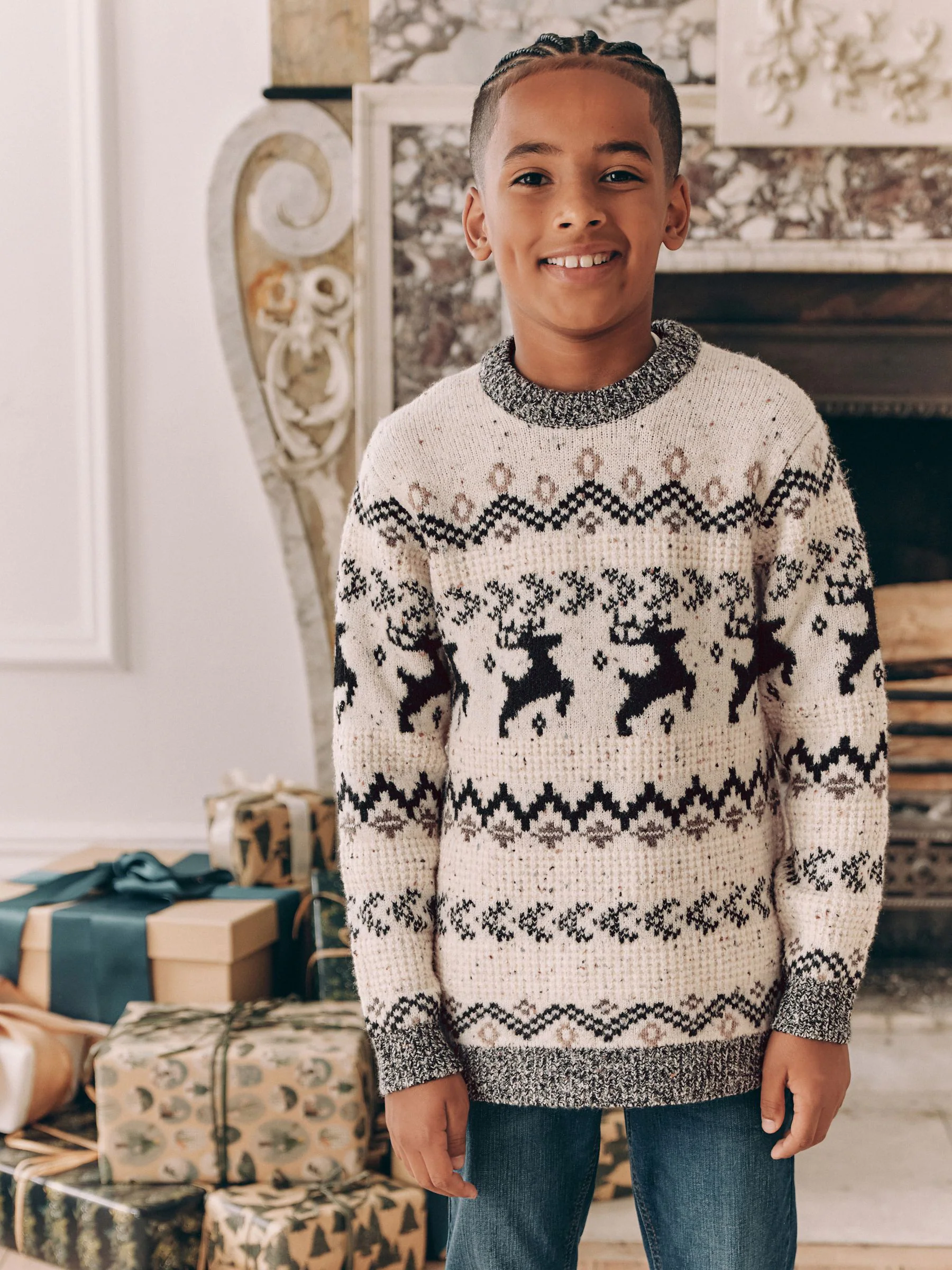 Zwart/wit - Matching Family kersttrui voor jongens met Fairisle-patroon en hertenmotief (3mnd -16jr)