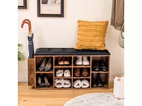 Banc à Chaussures avec Porte-Parapluie, Banc de Rangement 10 Compartiments avec Coussin Rembourré, Style Industriel, Charge 300 kg (Marron Rustique)