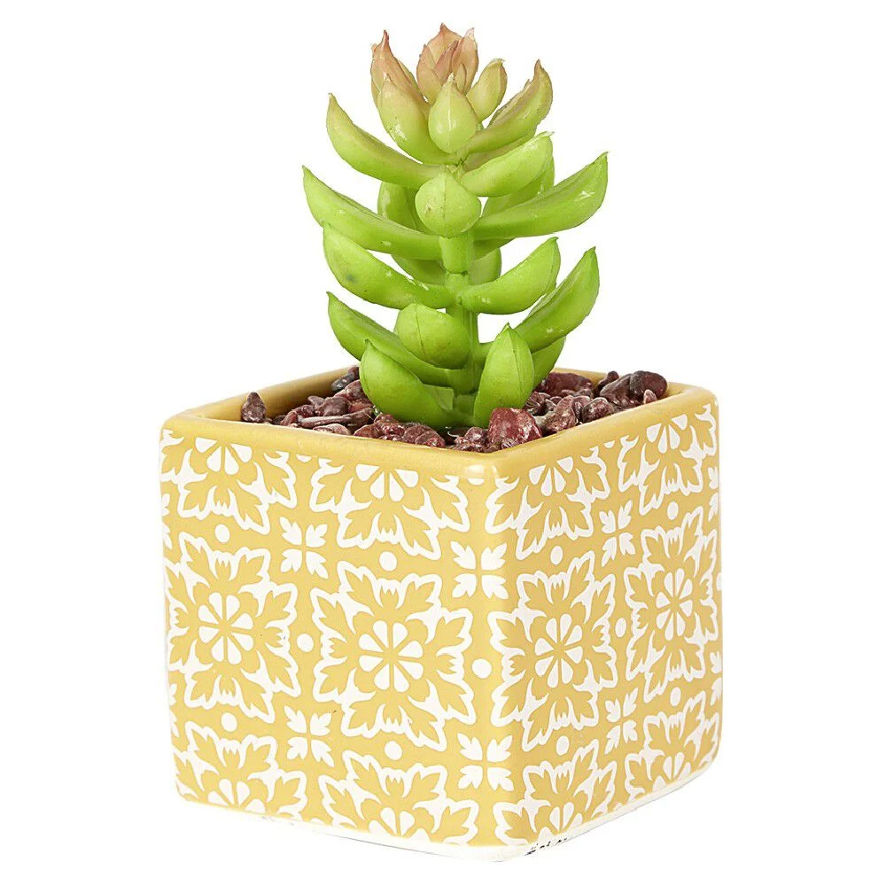 Petite plante grasse artificielle pot en grès motif végétal blanc