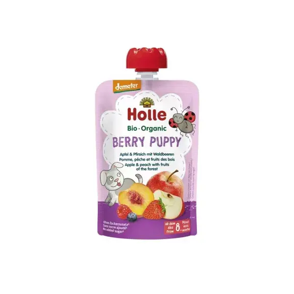 Garrafa de água orgânica Holle Pouchy com estampa de maçã, pêssego e frutas silvestres +8m 100g