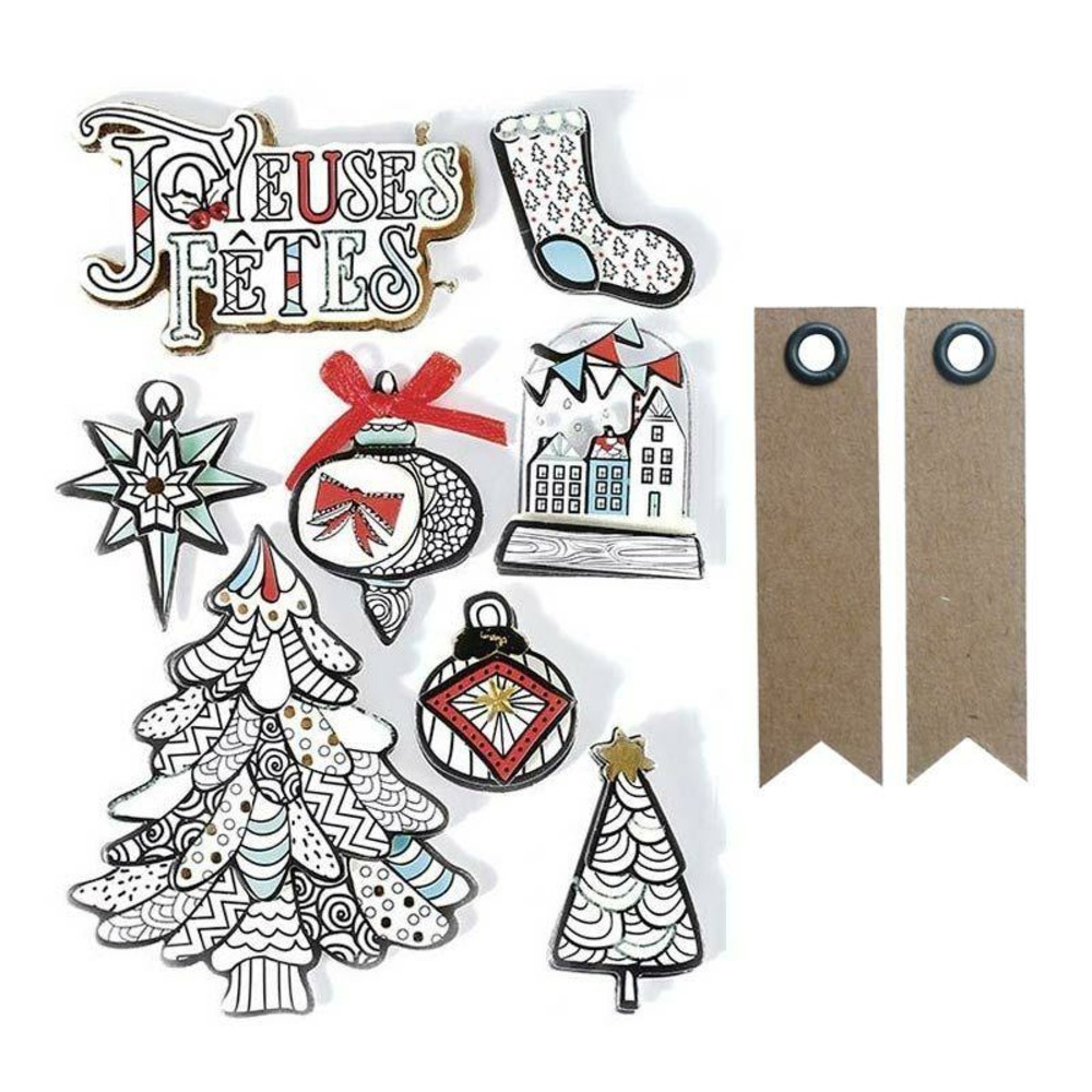 8 stickers 3d de noël hiver blanc 8 cm + 20 étiquettes kraft fanion