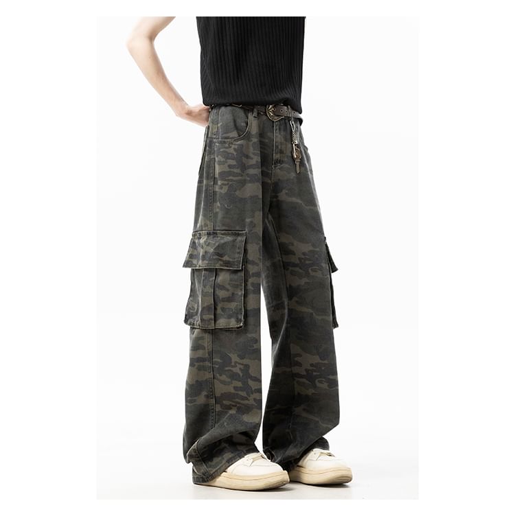 Priam - Cargobroek met hoge taille en wijde pijpen en camouflageprint