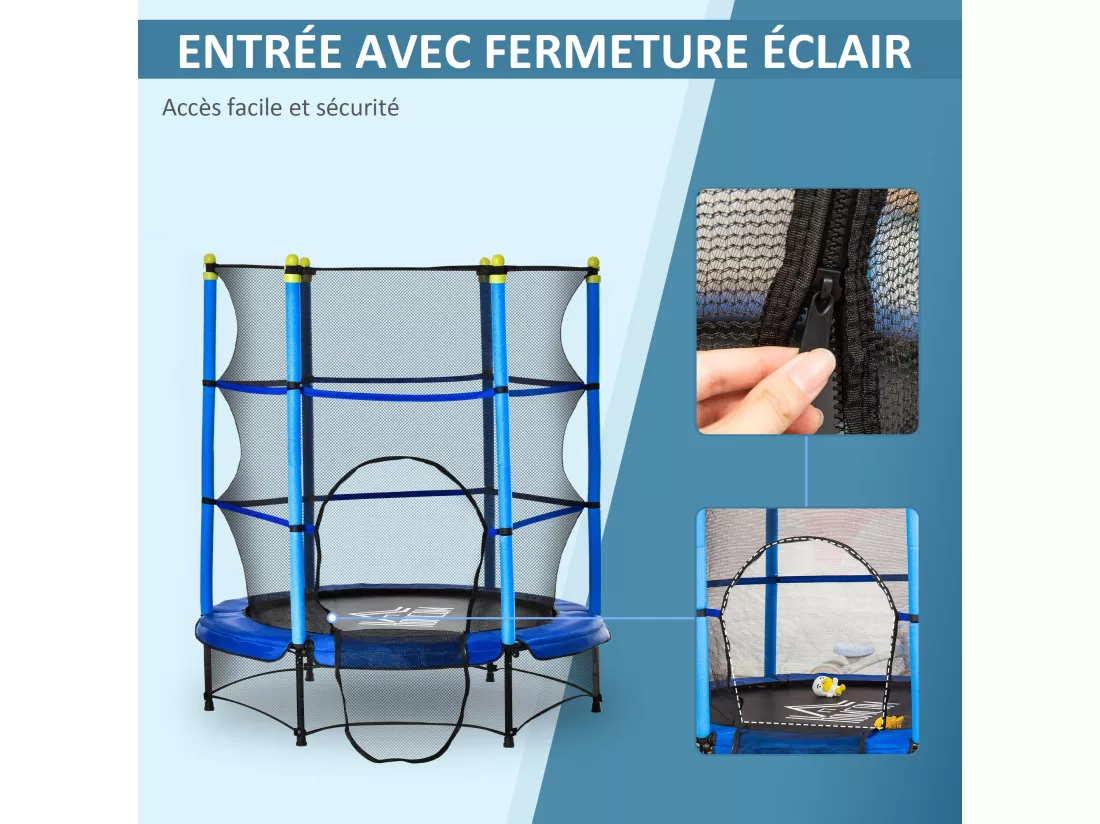 Trampoline enfant Ø 1,40 × 1,60H m filet de sécurité porte zipée couvre-ressorts 6 poteaux rembourrés inclus bleu