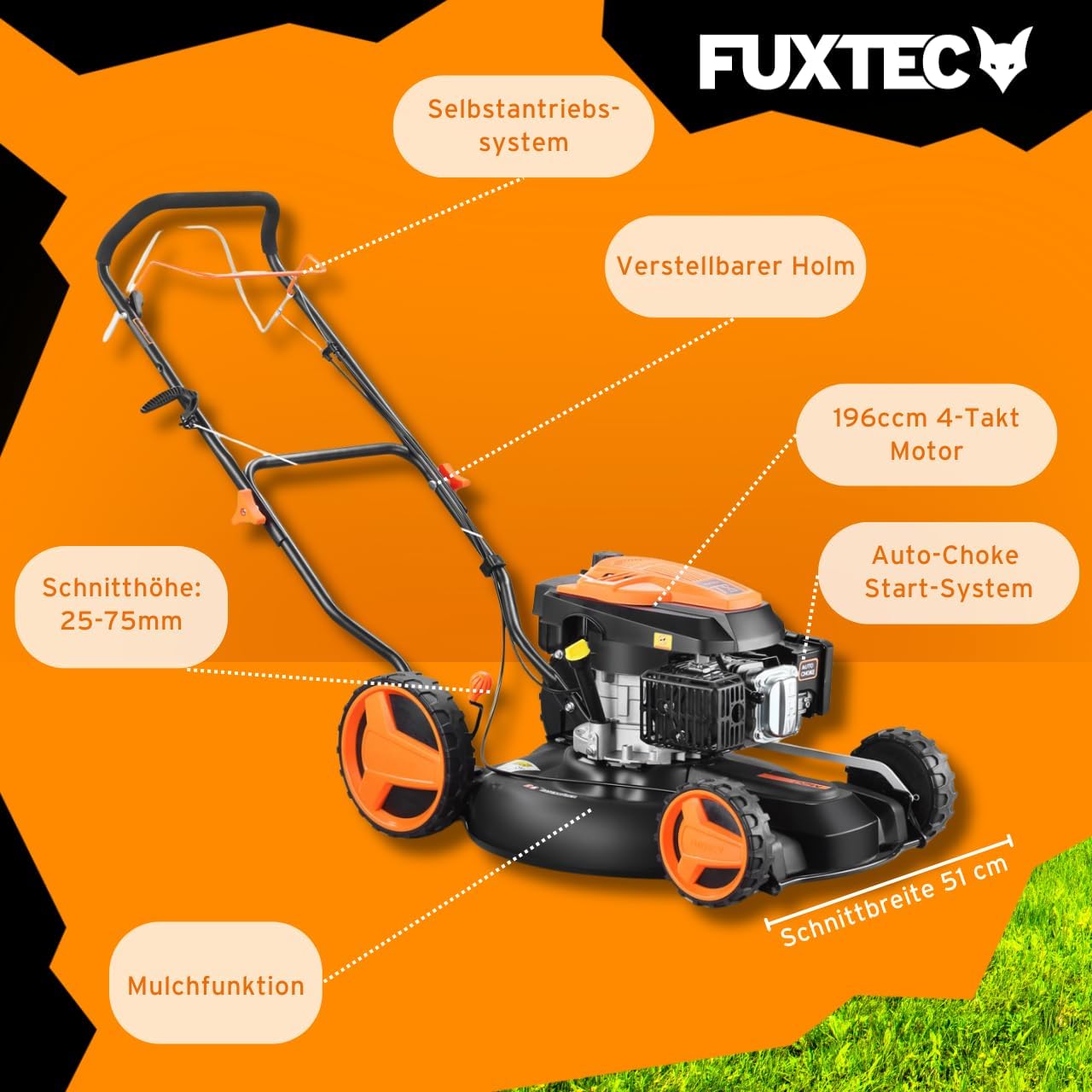 FUXTEC Benzin Rasenmäher FX-RM51SA96 Profi Mulchmäher mit 51 cm und Selbstantrieb leistungsstarker 196 cc Motor Motormäher Mulchen