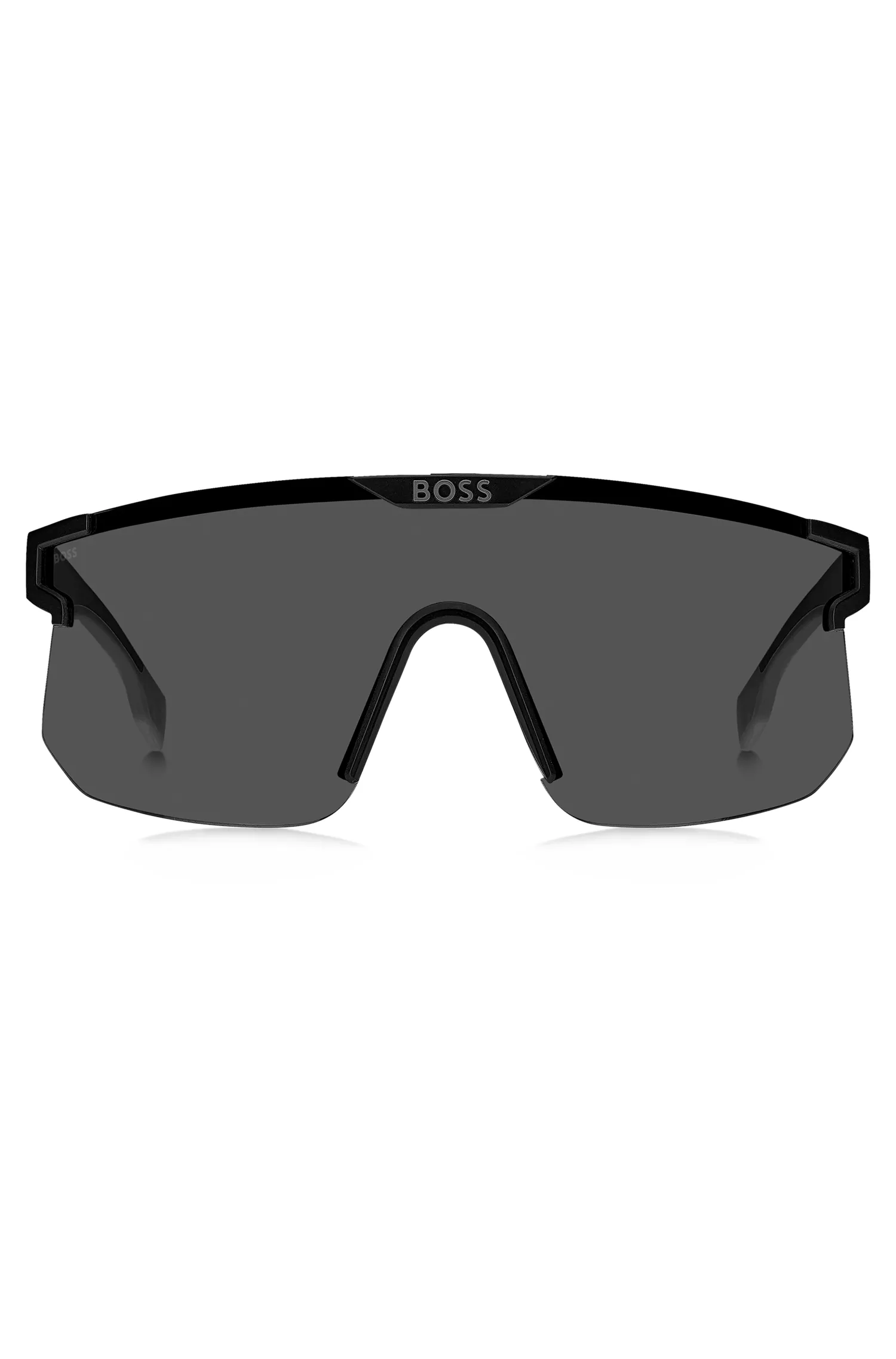 Óculos de sol BOSS pretos, estilo máscara, com hastes e ponte personalizadas com a marca.
