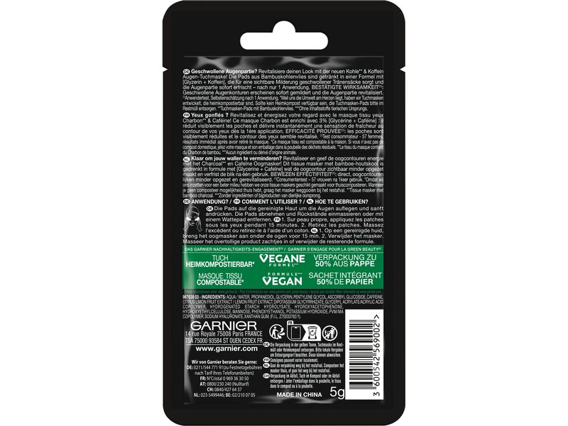 Garnier Augenmaske Skin Active Koffein 5 g Augen-Tuchmaske sorgt für gemilderte Tränensäcke und eine revitalisierte Augenpartie