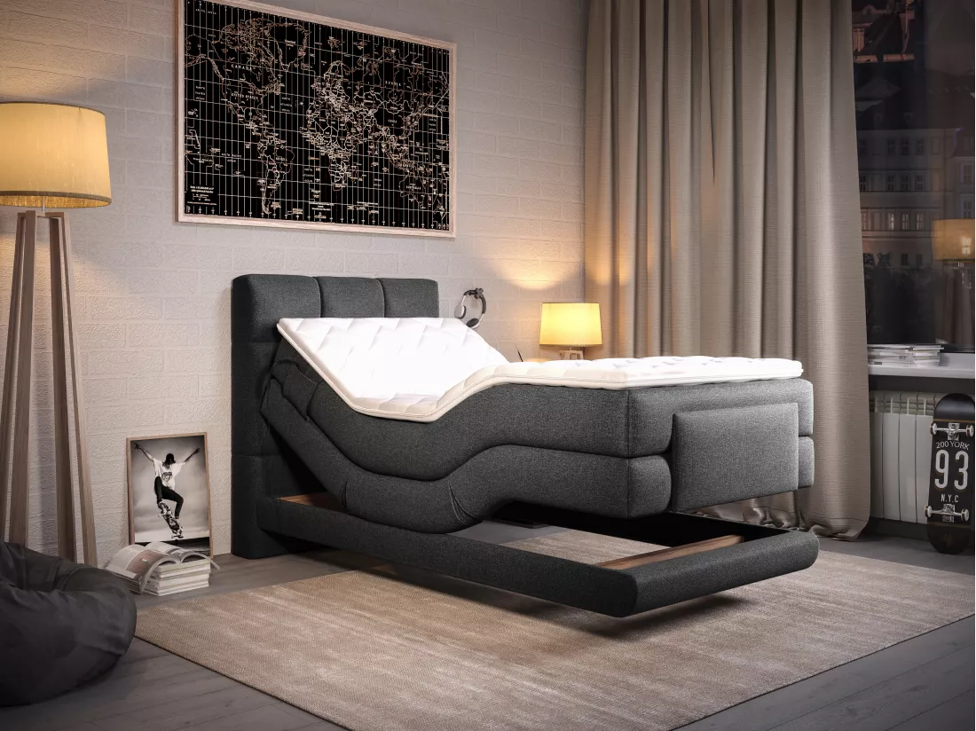 Ensemble complet boxspring tête de lit capitonnée + sommiers relaxation électrique + matelas + surmatelas - 100 x 200 cm - Tissu - Anthracite - LODI de PALACIO