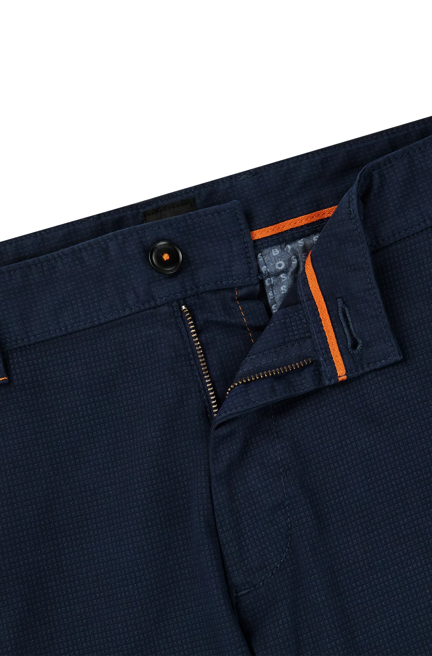 Calça BOSS laranja, corte slim, em cetim de algodão elástico.