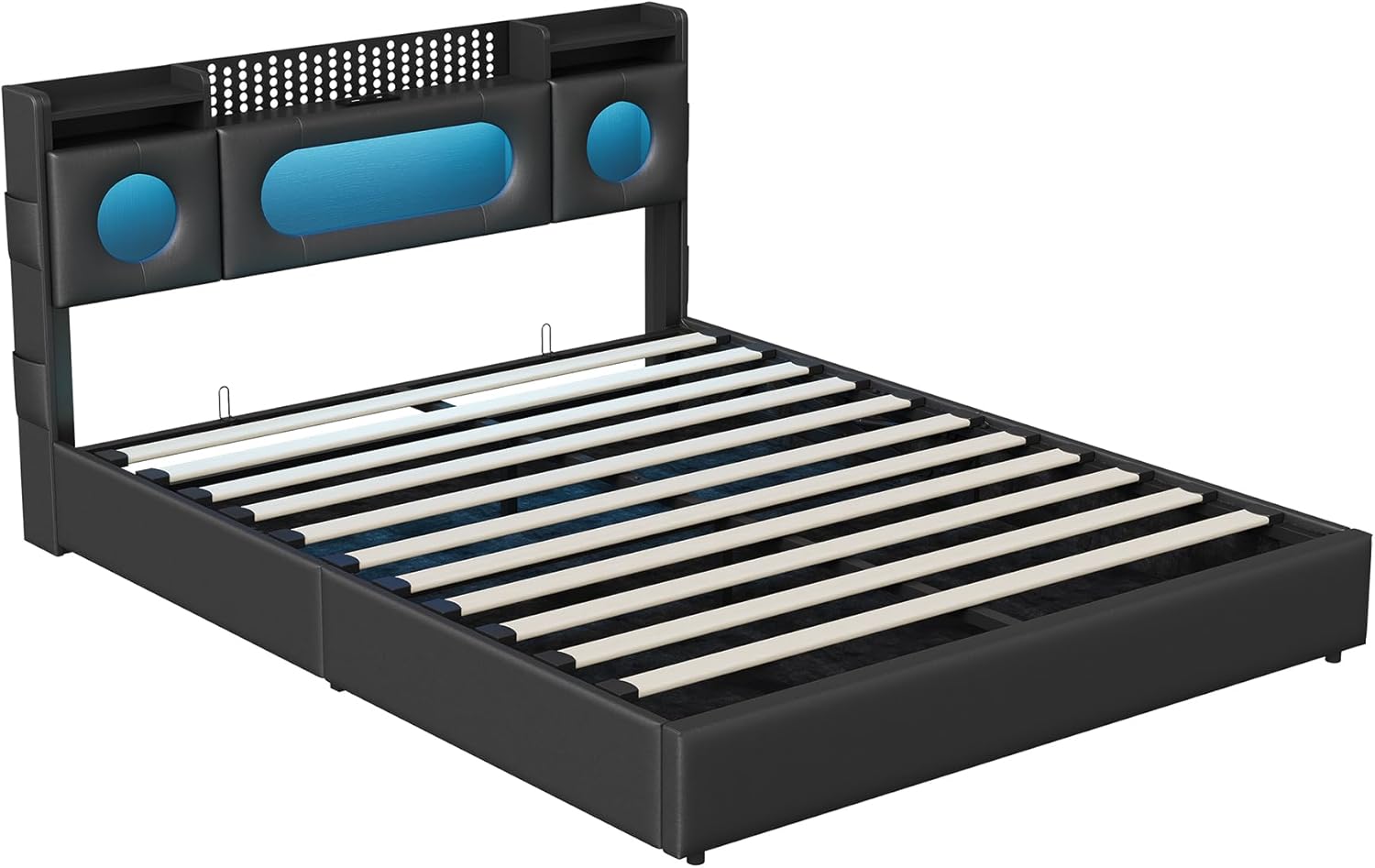 Polsterbett Doppelbett 140x200 cm, Hydraulisches Bett 140x200 mit Bettkasten und Lattenrost, Staufach-Kopfteil mit LED und USB Ladestation, Stauraumbett Funktionsbett aus Massivholz und PU