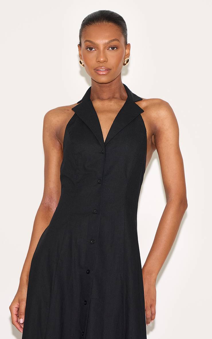 Noir Robe Longue Fleurie À Col Avec Boutonnière