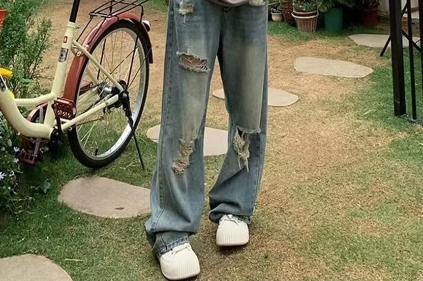 deersweeti - High Waist Washed Distressed Wide Leg Jeans