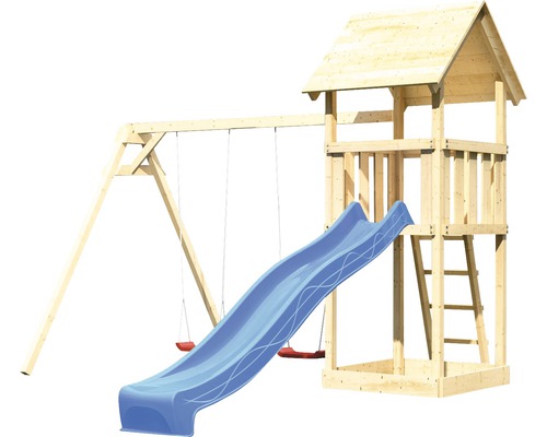 AKUBI Lotti speeltoren met zandbak, dubbele schommel en glijbaan, blauw