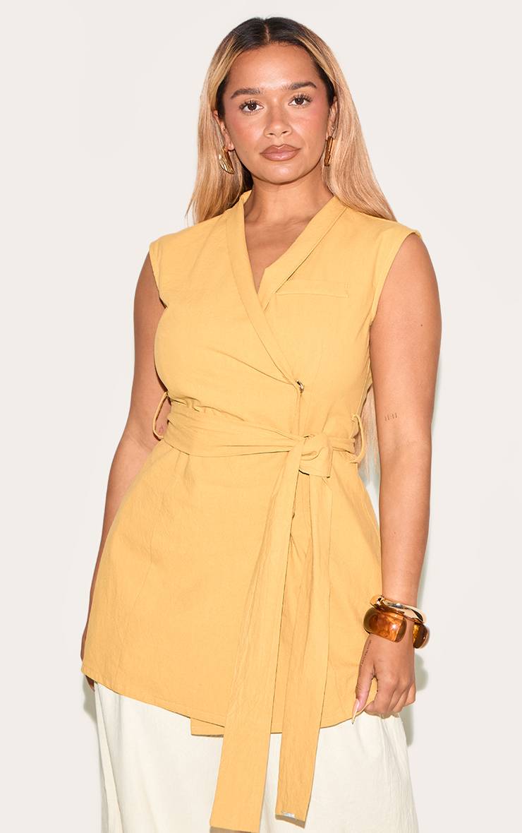 Vert Olive Blazer Ceinturé À Effet Lin Avec Devant Croisé Shape