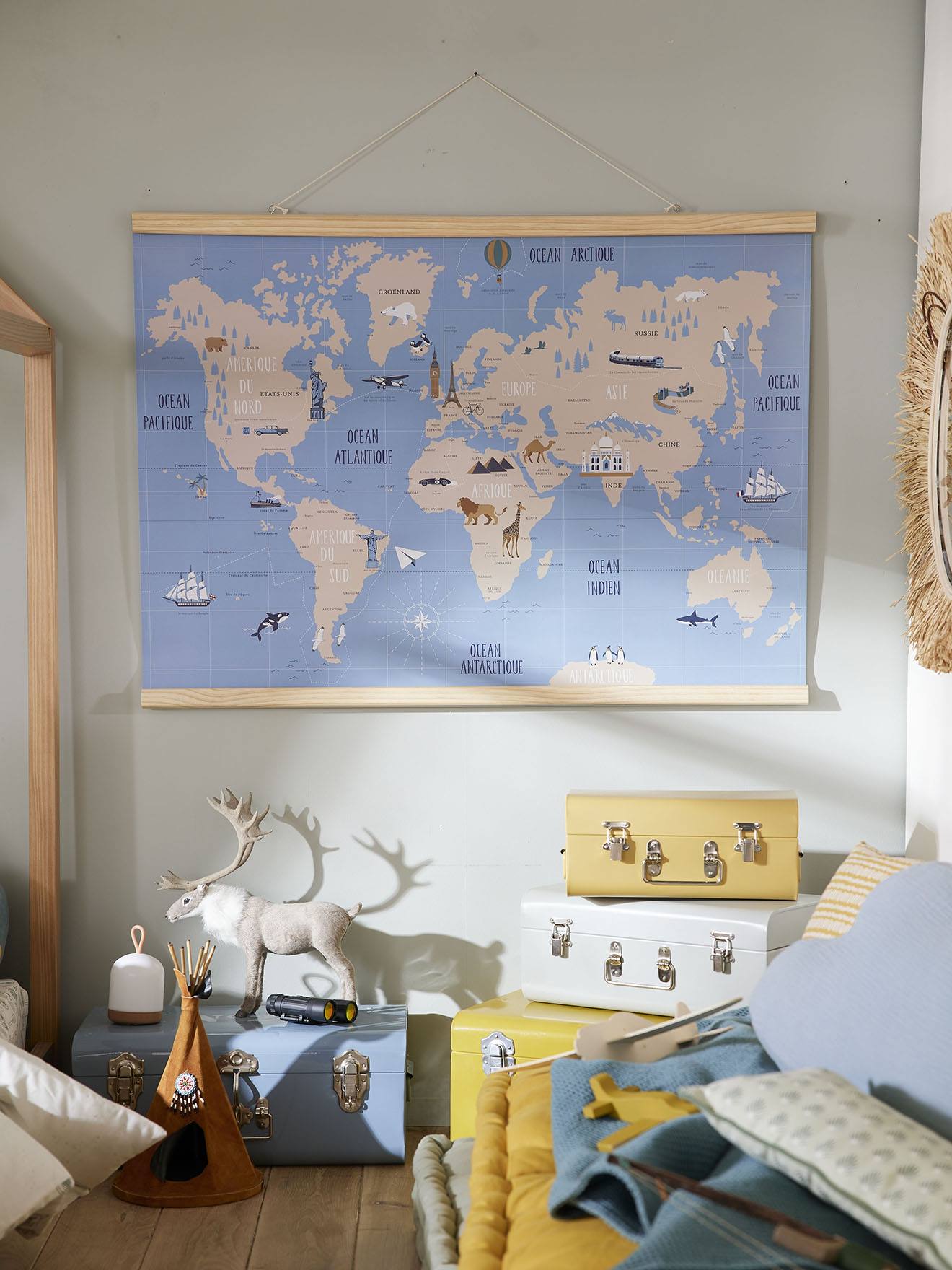Mapa Mundi Decorativo de Parede, Azul Médio, Bicolor/Multicolorido