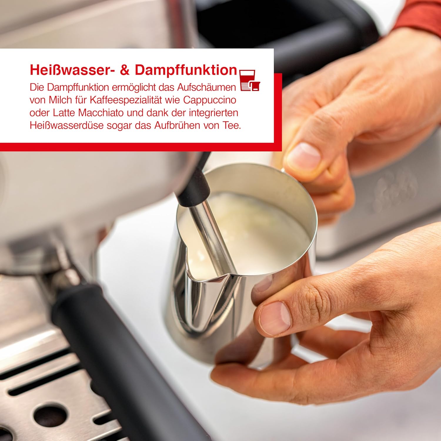 Solis Grind & Infuse PERFETTA Espressomaschine, Kaffeemaschine mit Mahlwerk und Milchaufschäumer, Halbautomatische Kaffeemaschine mit abnehmbaren Wassertank, Heißwasser- und Dampffunktion, Silber
