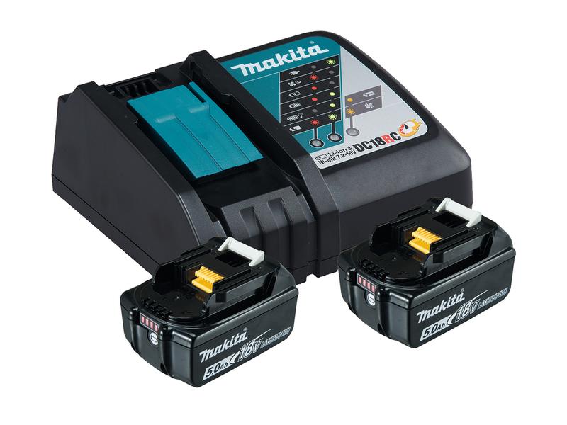 Makita Power Source-Kit 18 V LXT Ladegerät   2x 18 V 5Ah Ak Schnellladegerät DC18RC mit zwei BL1850B 90 Wh Akkus