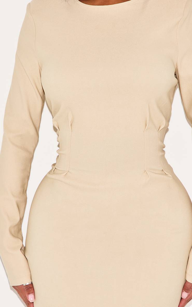 Gris Galet Robe Mini Moulante En Tissu Stretch Texturé Avec Taille Cintrée, Col Bateau Et Manches Longues
