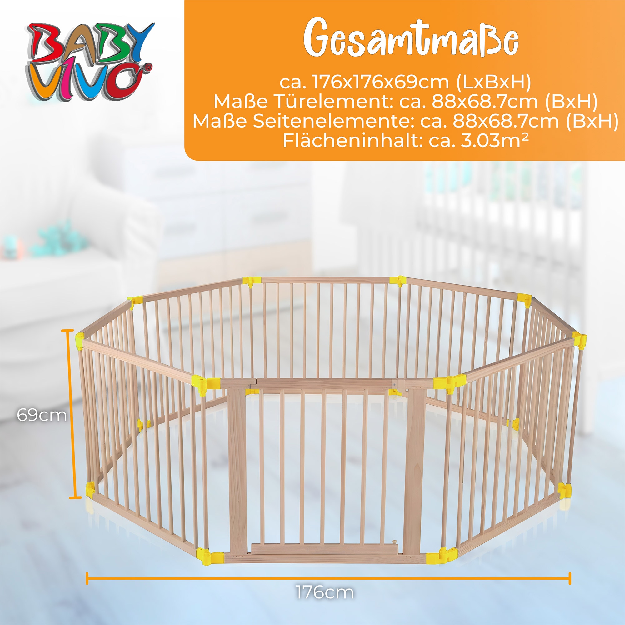 Baby Vivo Laufgitter aus Holz 8 Elemente - individuell verstellbar - PREMIUM in Gelb