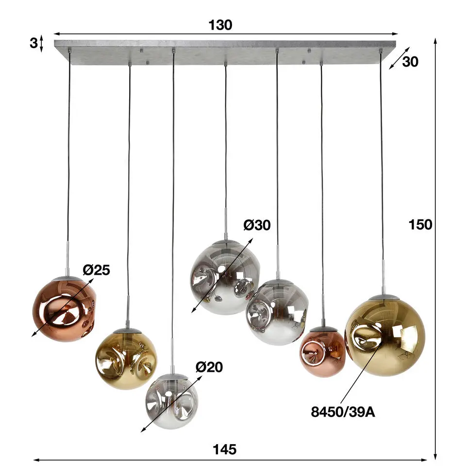 Industriële hanglamp Ada gekleurd glas 7-lichts 50x145x150 cm Zilver