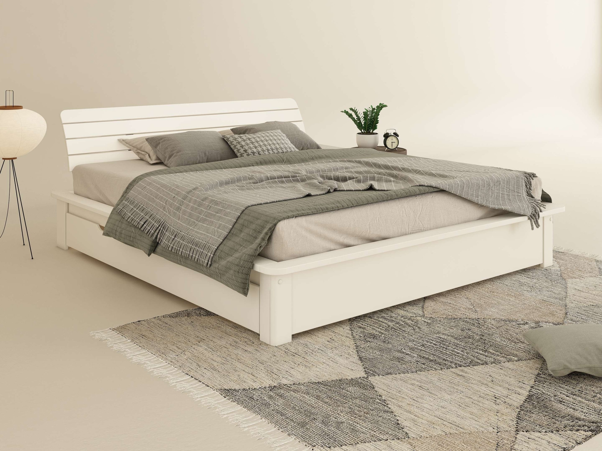 GOODproduct Massivholzbett »Antri, Futonbett, ergonomisch geformtes Kopfteil, stilvolles Design« Rahmen zur Ablage von Smartphone, mit Lattenrost, Bettkasten optional
