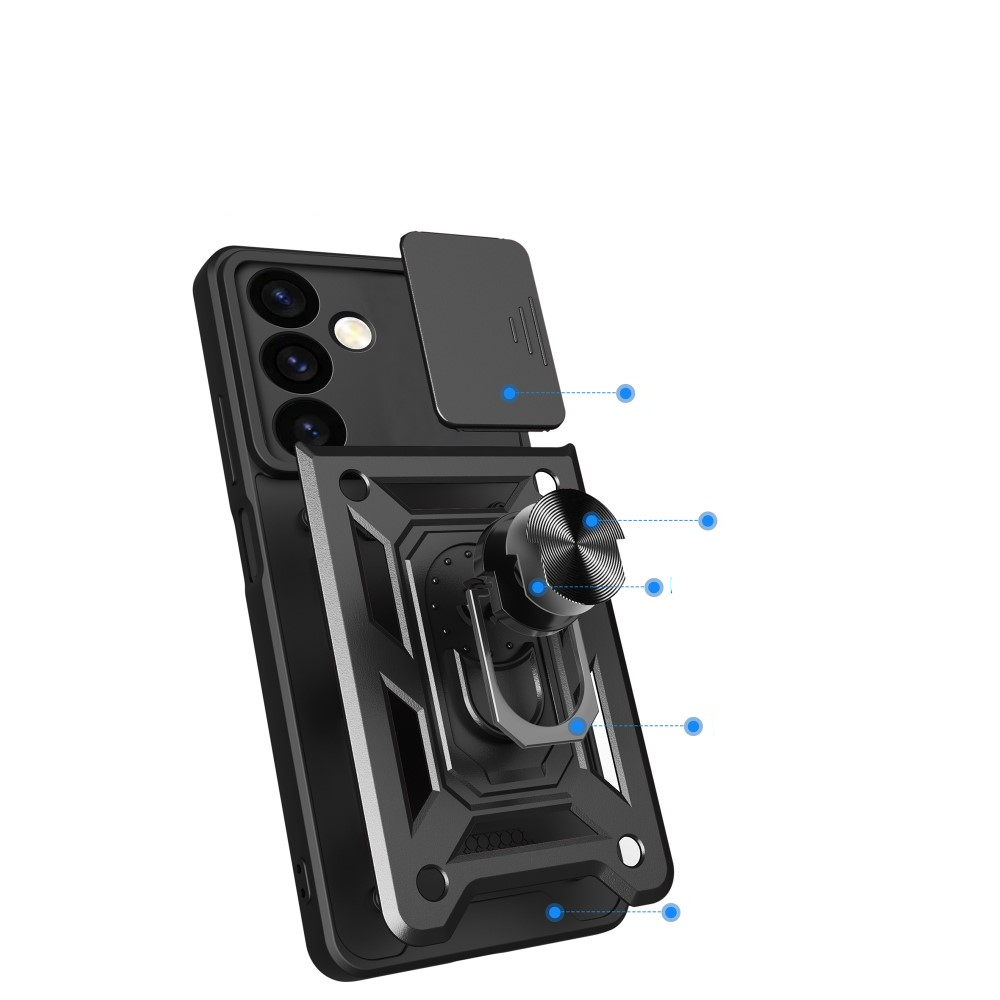 Samsung Galaxy S24 Hybrid Outdoor Hardcase Hülle mit Cam-Slider   Magnetischer Kickstand - Schwarz