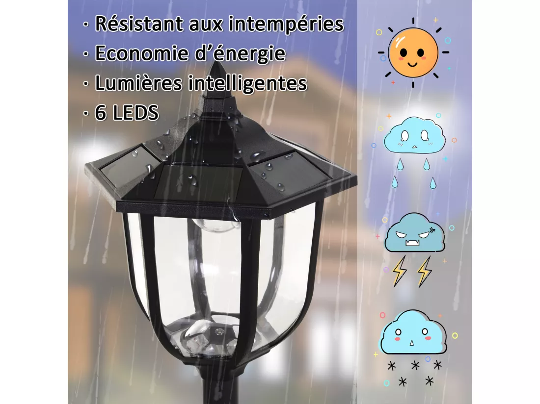 Outsunny Luminaire extérieur solaire lampadaire lanterne classique LED 60 Lm max. dim. 26L x 26l x 177H cm noir