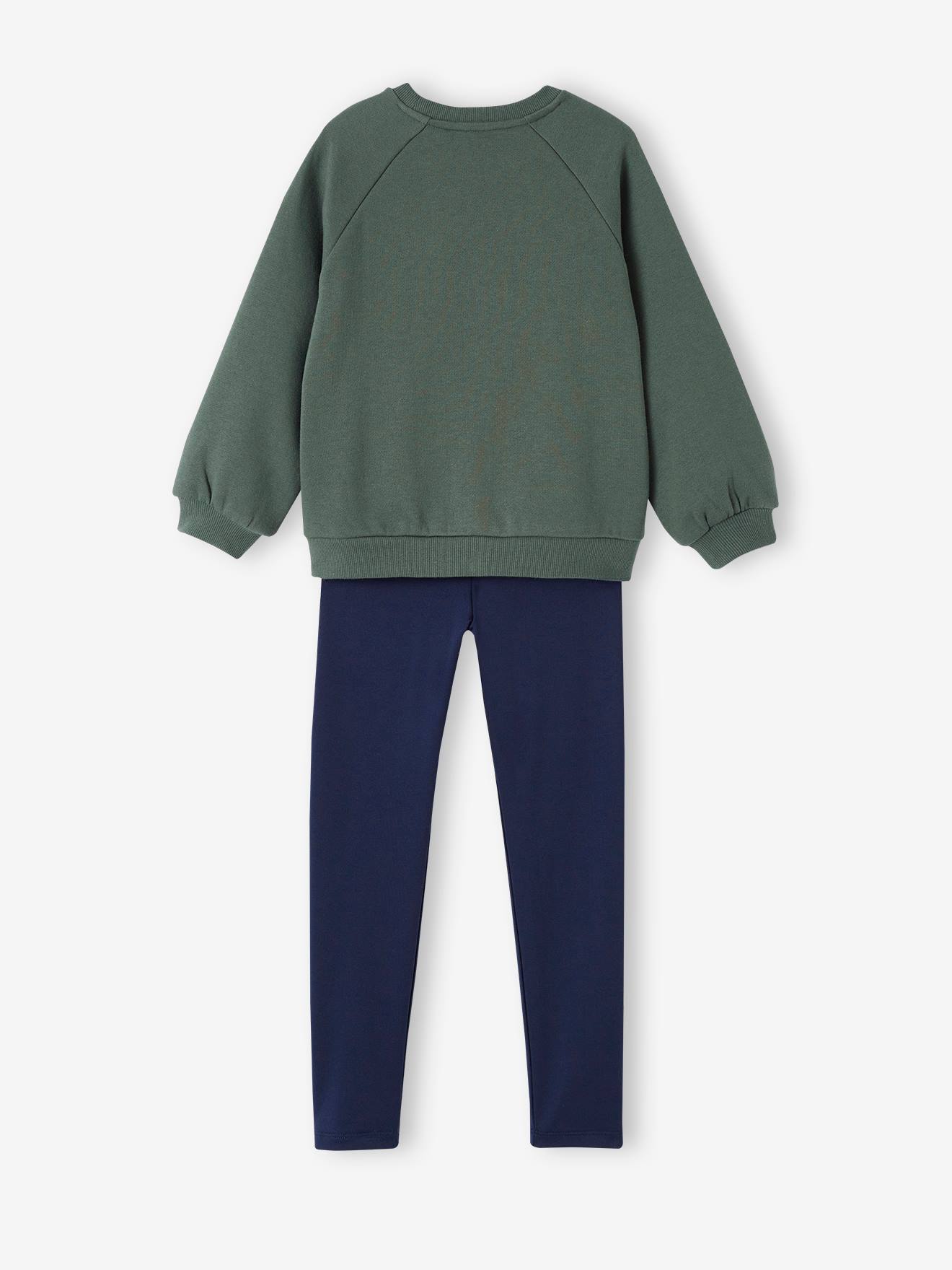Conjunto esportivo feminino: moletom de lã + leggings verdes de tecido técnico