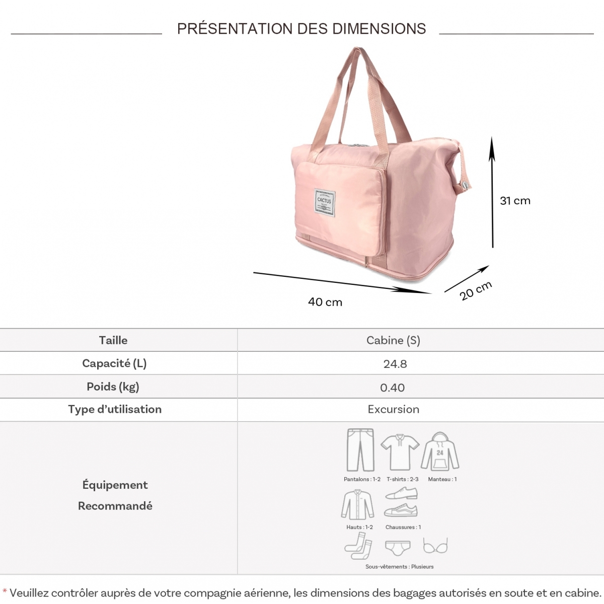 Cactus Sac de voyage week-end 24L pliable et extensible déperlant Cactus sans roulettes