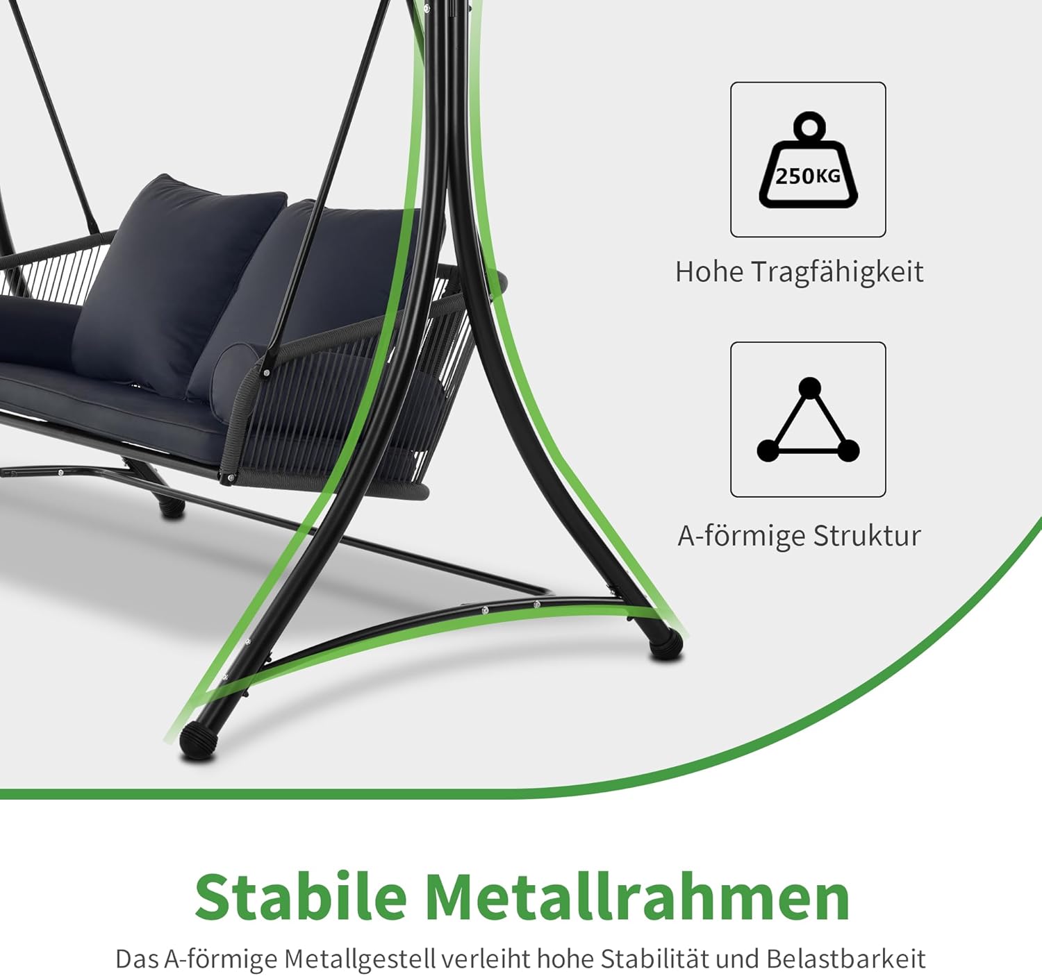 M MCombo Hollywoodschaukel 3-Sitzer, Gartenschaukel mit Verstellbarem Sonnendach, Schaukelbank Outdoor, Gartenliege Wetterfest, Sitzbezug Abwaschbar 8026DEY (Dunkgelgrau)