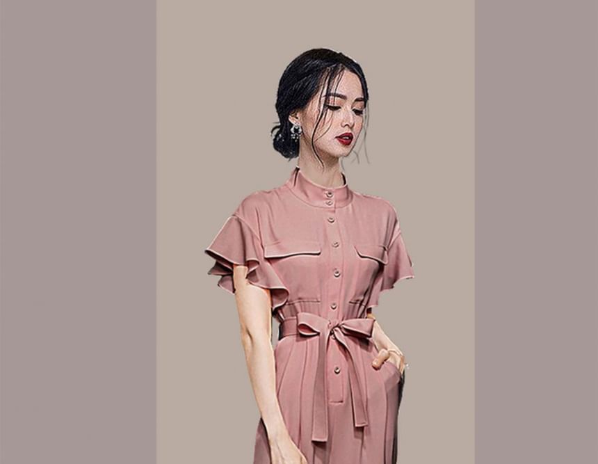 Aurora - Henley jumpsuit met korte mouwen en strik