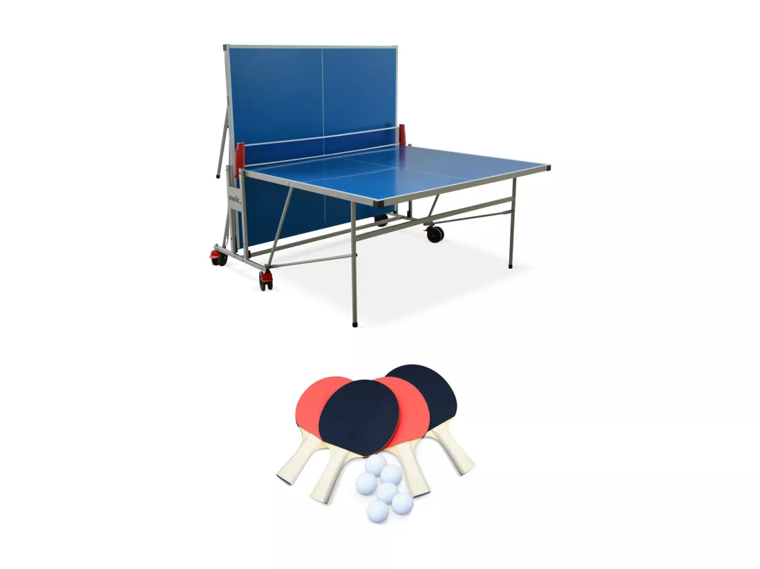 Table de ping pong OUTDOOR bleue - table pliable avec 4 raquettes et 6 balles. pour utilisation extérieure. sport tennis de table