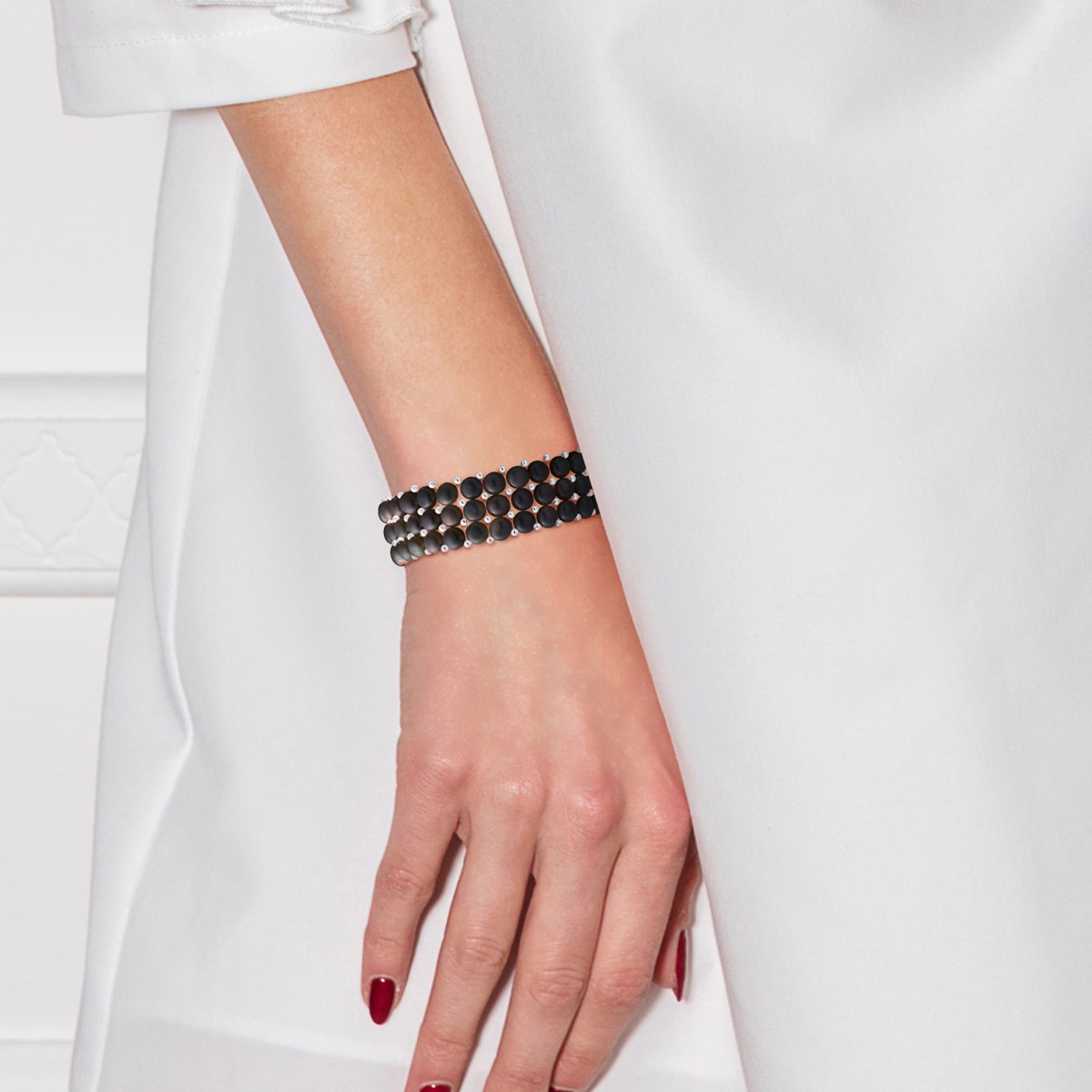 Bracelet Manchette 3 Rangs Perles d'Eau Douce Noires Argent 925