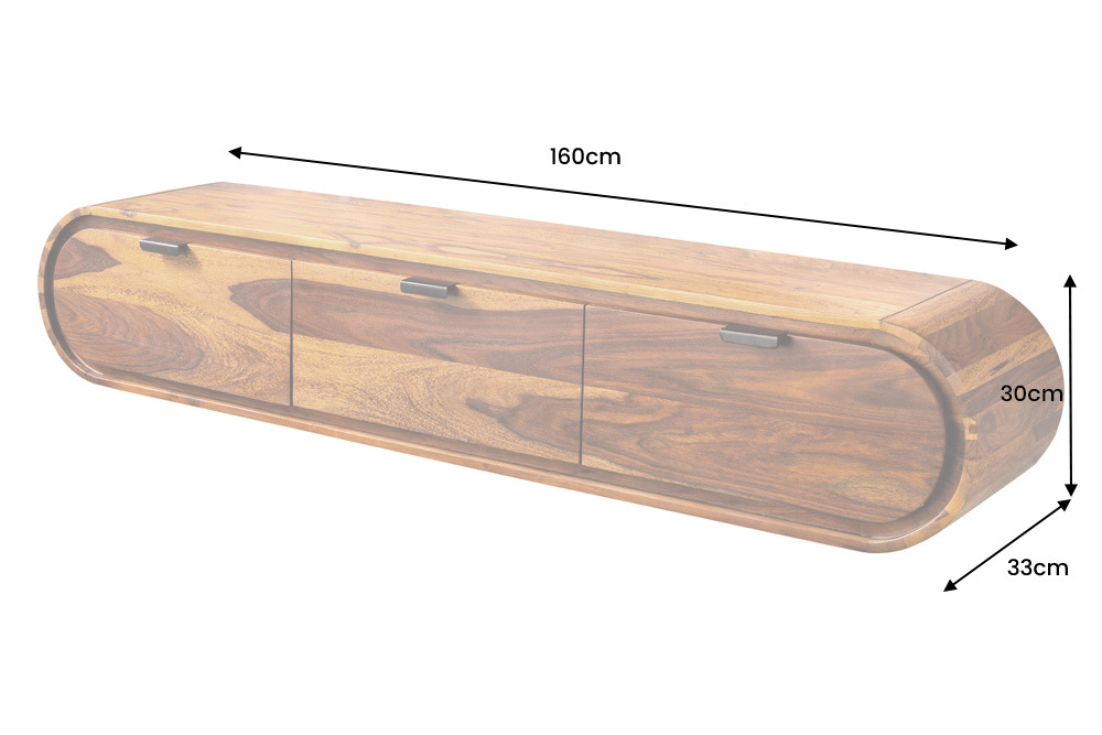 Hängendes TV-Board ORGANIC 160cm braun stone finish Sheeshamholz massiv mit Schubladen