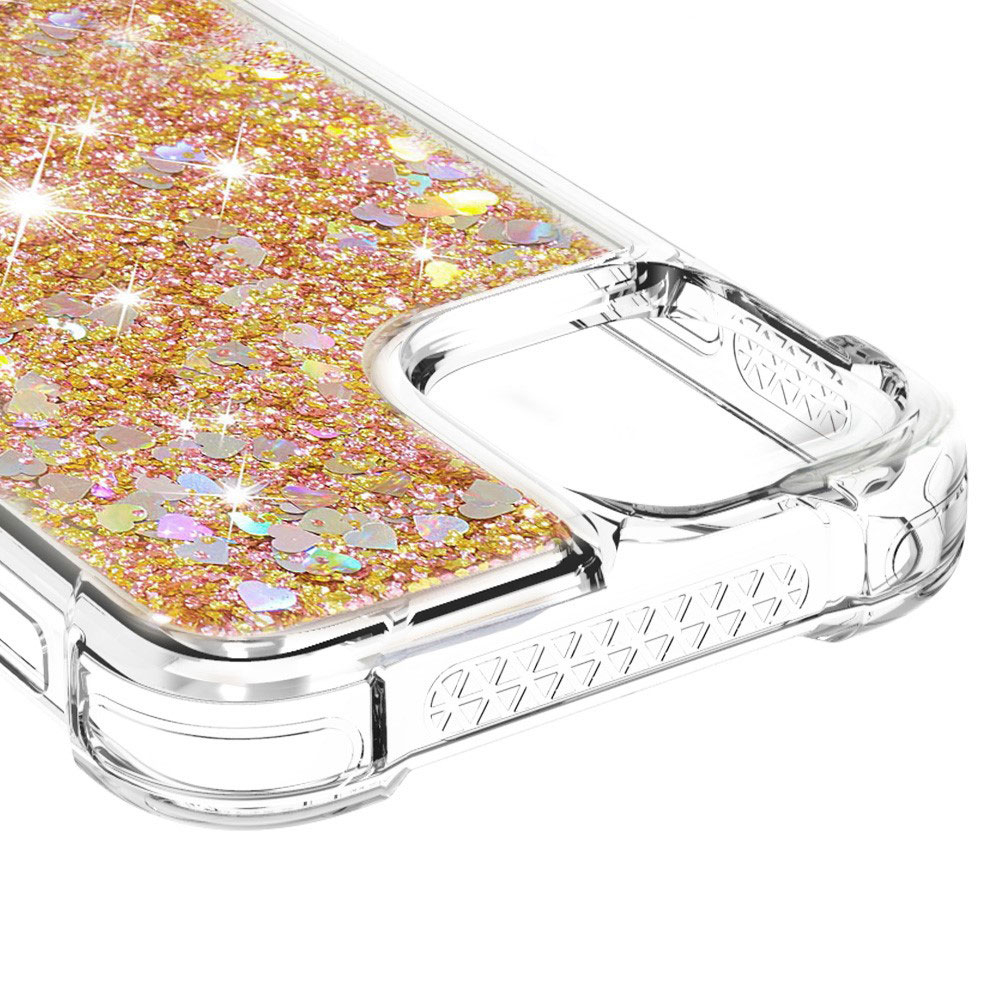 iPhone 13 Hardcase Hülle mit Air Cushion Fallschutz Liquid Case Glitzer Herzen - Gold / Transparent