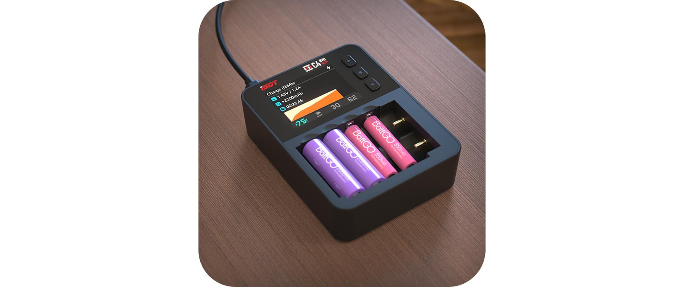Ladegerät C4 EVO Smart Charger USB-CLadegerät für Li-Ion, Li-fe, NiMH und NiZn Rundzellen wie 18650, AA, AAA und viele mehr