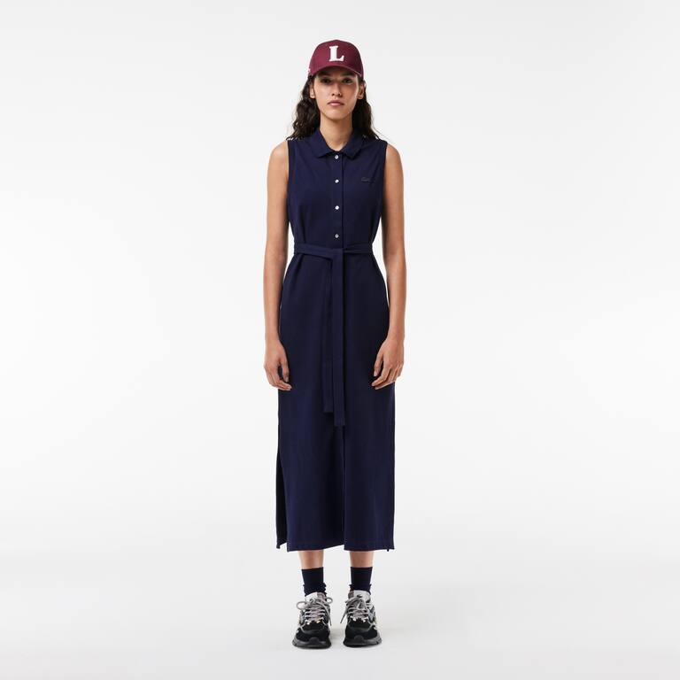 Robe polo longue sans manches en piqué de coton stretch Robes & Jupes - Bleu - Lacoste - Femme