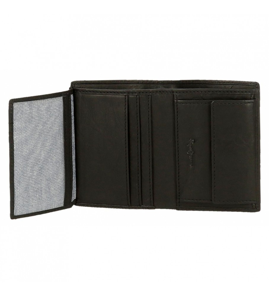 Carteira vertical Pepe Jeans em couro, com porta-moedas, preta - 8,5 x 11,5 x 1 cm -