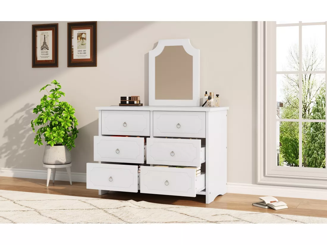 Armoire à miroir, commode 6 tiroirs, miroir amovible, patins silencieux, MDF + panneaux de particules, blanc