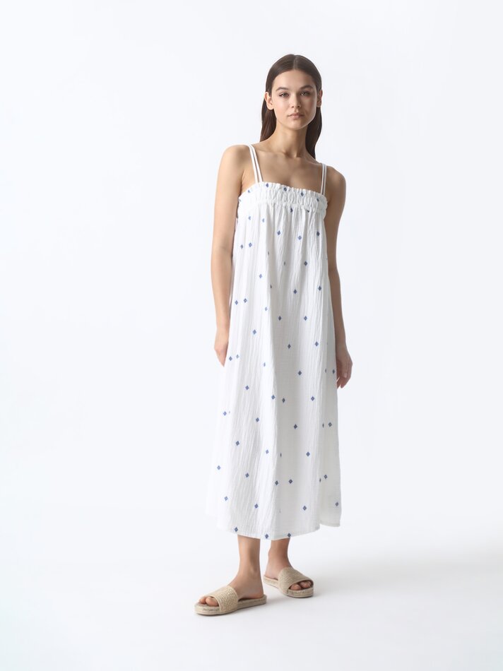 Vestido longo com bordado - Branco-creme
